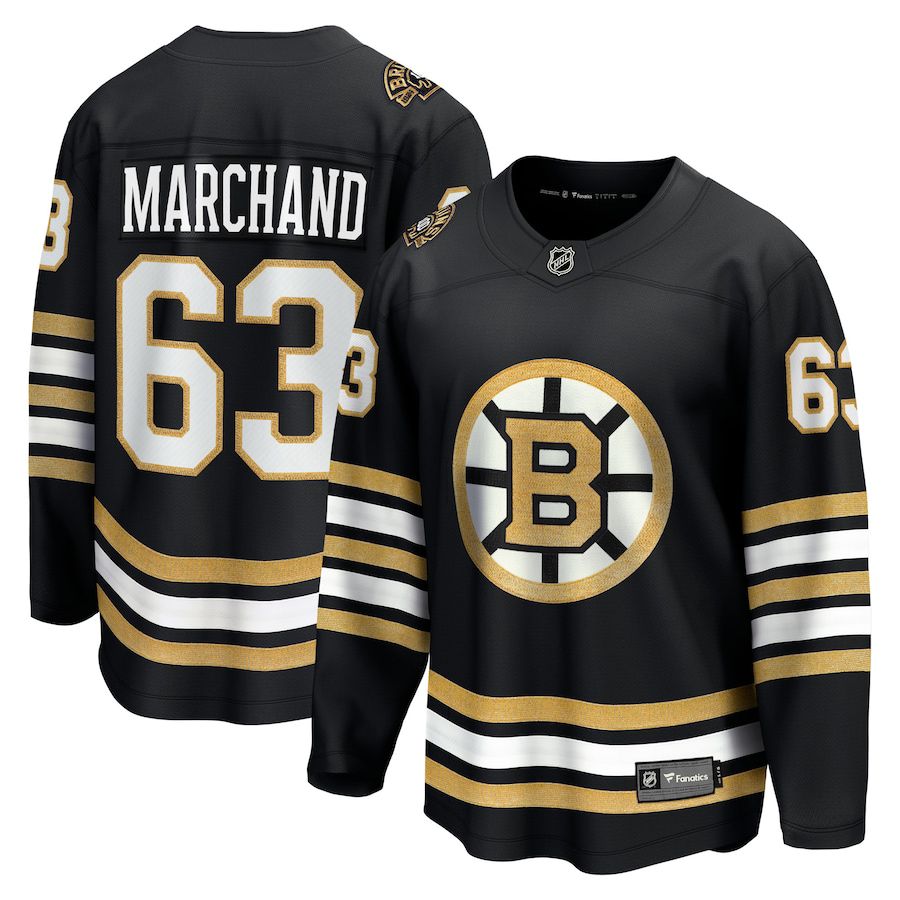 Men Boston Bruins #63 Brad Marchand Fanatics Branded Black 100th Anniversary Premier Breakaway Player NHL Jersey